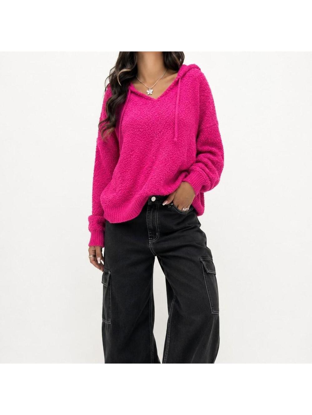 Y2K Barbiecore Hot Pink Fuzzy Hooded Sweater